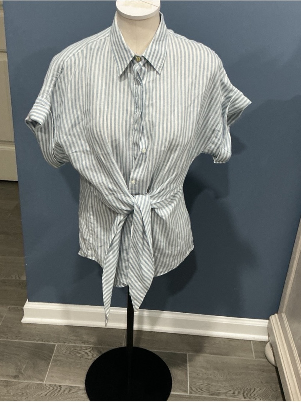 Lauren Ralph Lauren Light Blue & White Striped Tie-Front Blouse